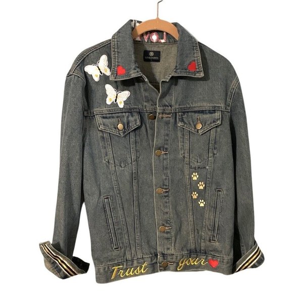 Jean Jacket Womens Small Blue Denim Medium Wash Button Front Custom Patches - Picture 2 of 10